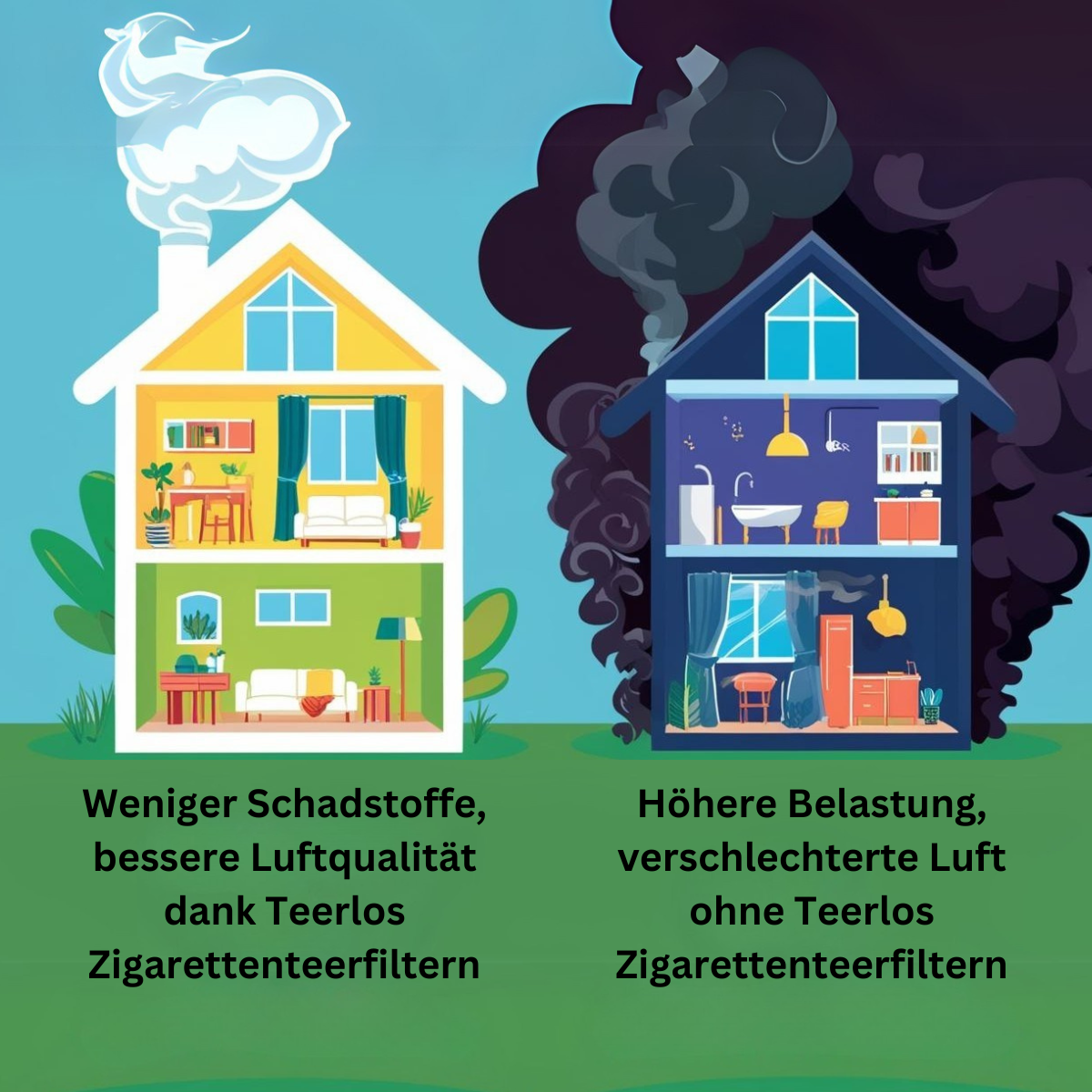 Darstellung der Luftqualität: Ein Haus mit klarer Luft, das andere mit Rauch.