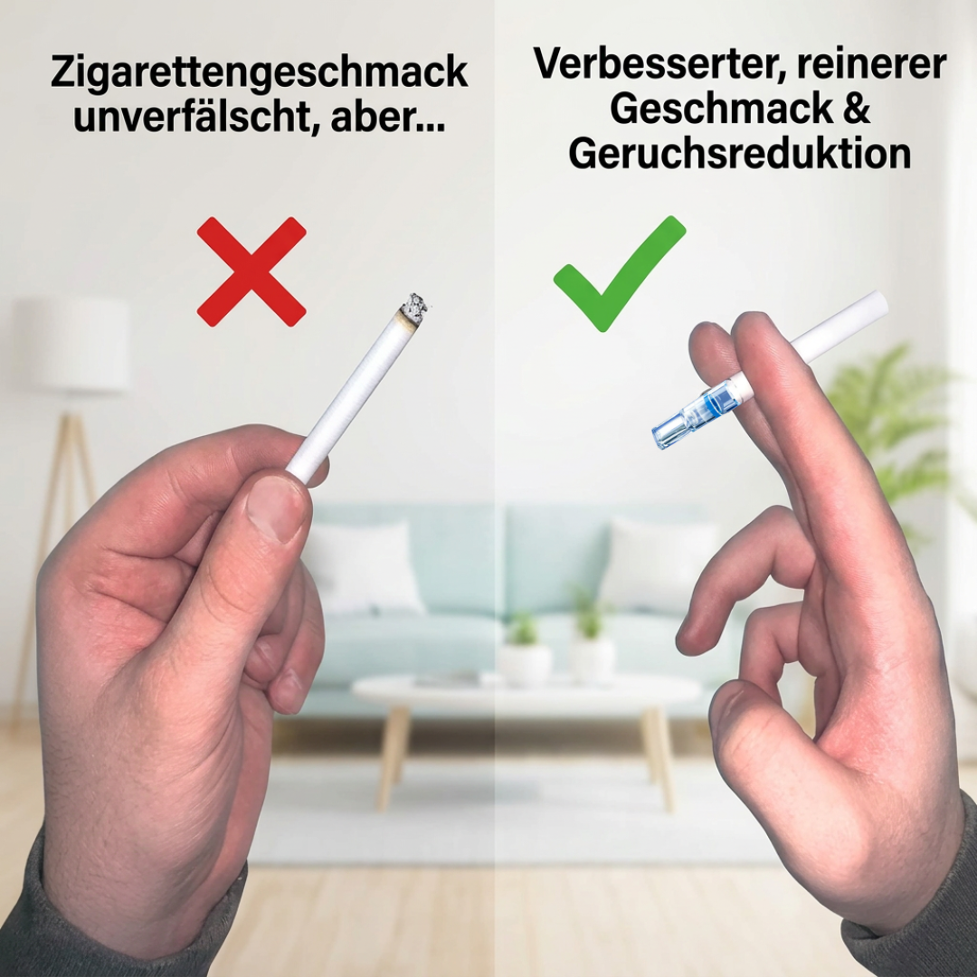 Es sind zwei Hände zu sehen, auf der rechten ist der Teerlos Filter aufgesteckt